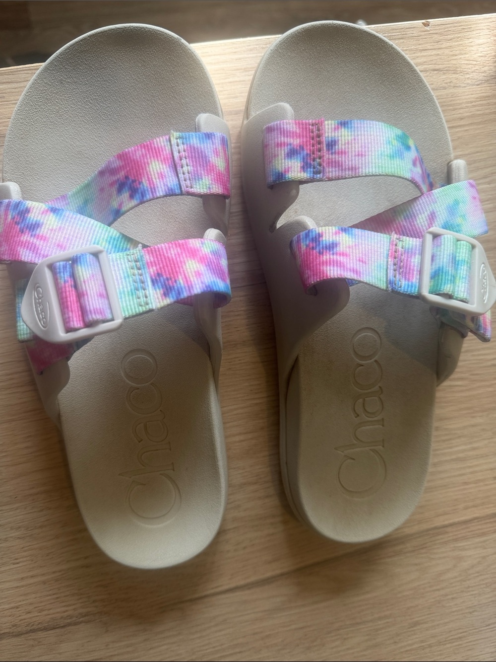 Chaco Sandals with Tan Footbed and Pastel Tie-Dye Straps